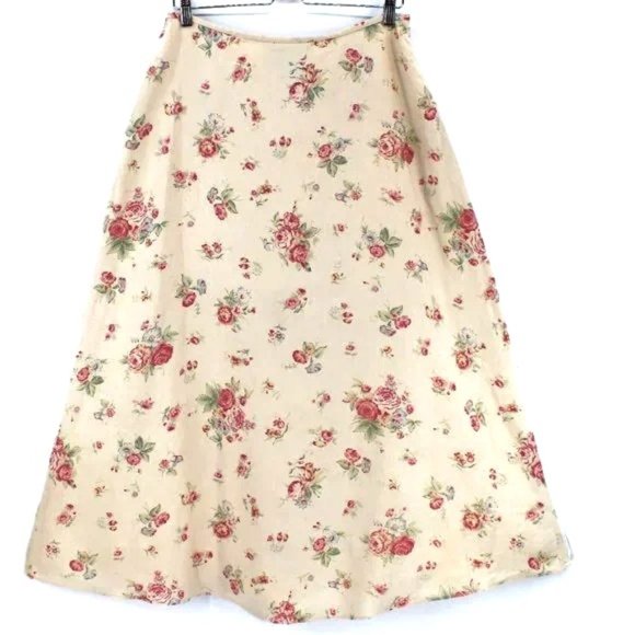 Lauren Ralph Lauren Dresses & Skirts - VIntage LRL Ralph Lauren Floral 100% Linen Midi Skirt Long A-line Cabbage Roses